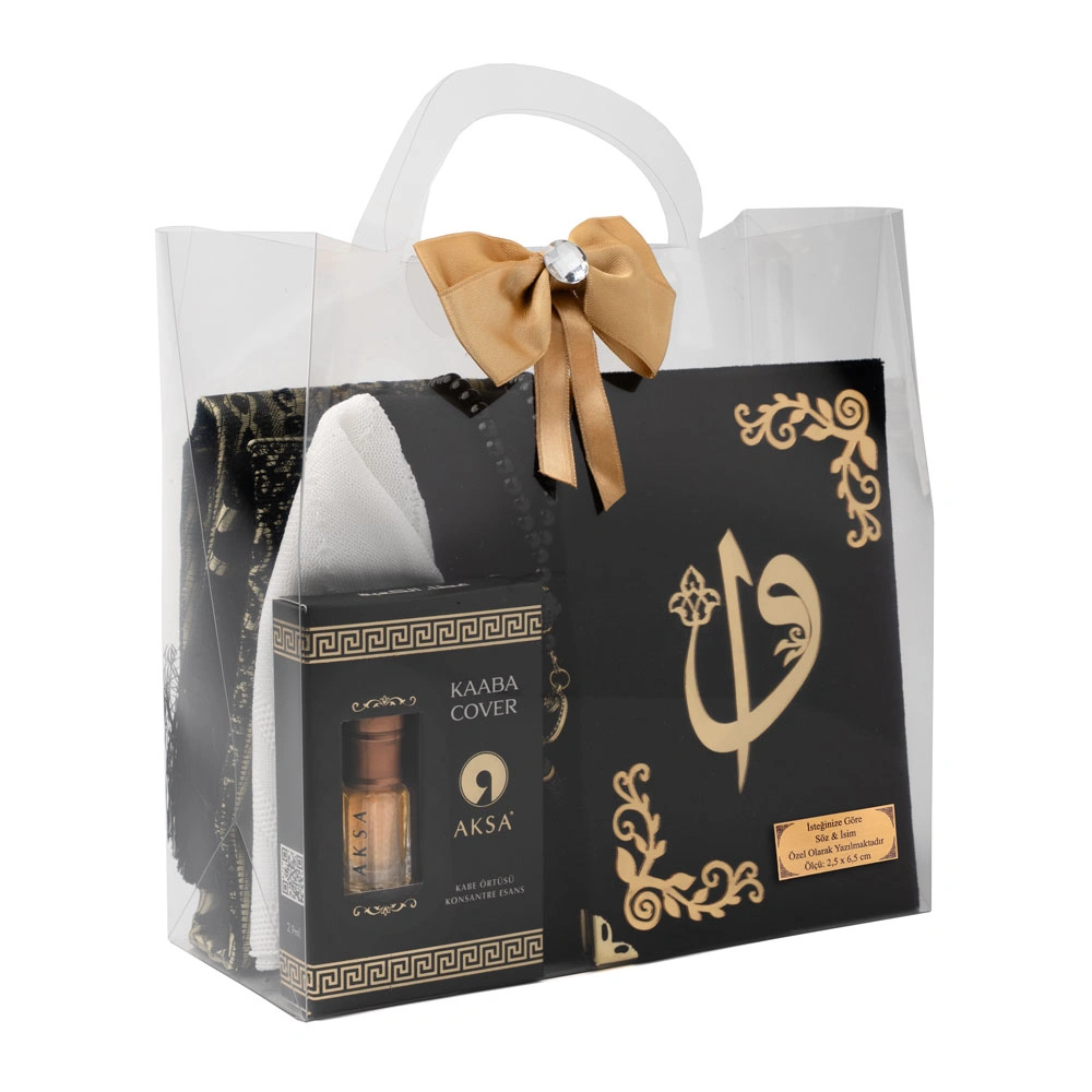 Eşarp + Takke + Seccade + Tesbih + Zikirmatik + Esans + Raşel Yasin Hediye Seti (Çanta Boy, Siyah)