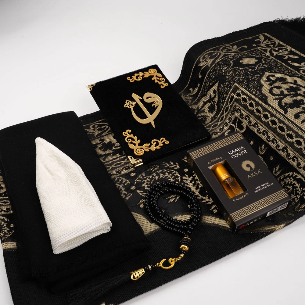 Eşarp + Takke + Seccade + Tesbih + Zikirmatik + Esans + Raşel Yasin Hediye Seti (Çanta Boy, Siyah) - Thumbnail