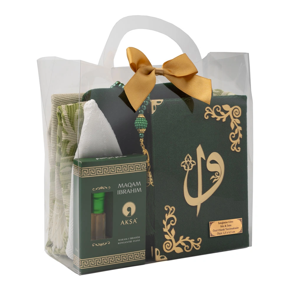HAYRAT NEŞRİYAT - Eşarp + Takke + Seccade + Tesbih + Zikirmatik + Esans + Raşel Yasin Hediye Seti (Çanta Boy, Yeşil)