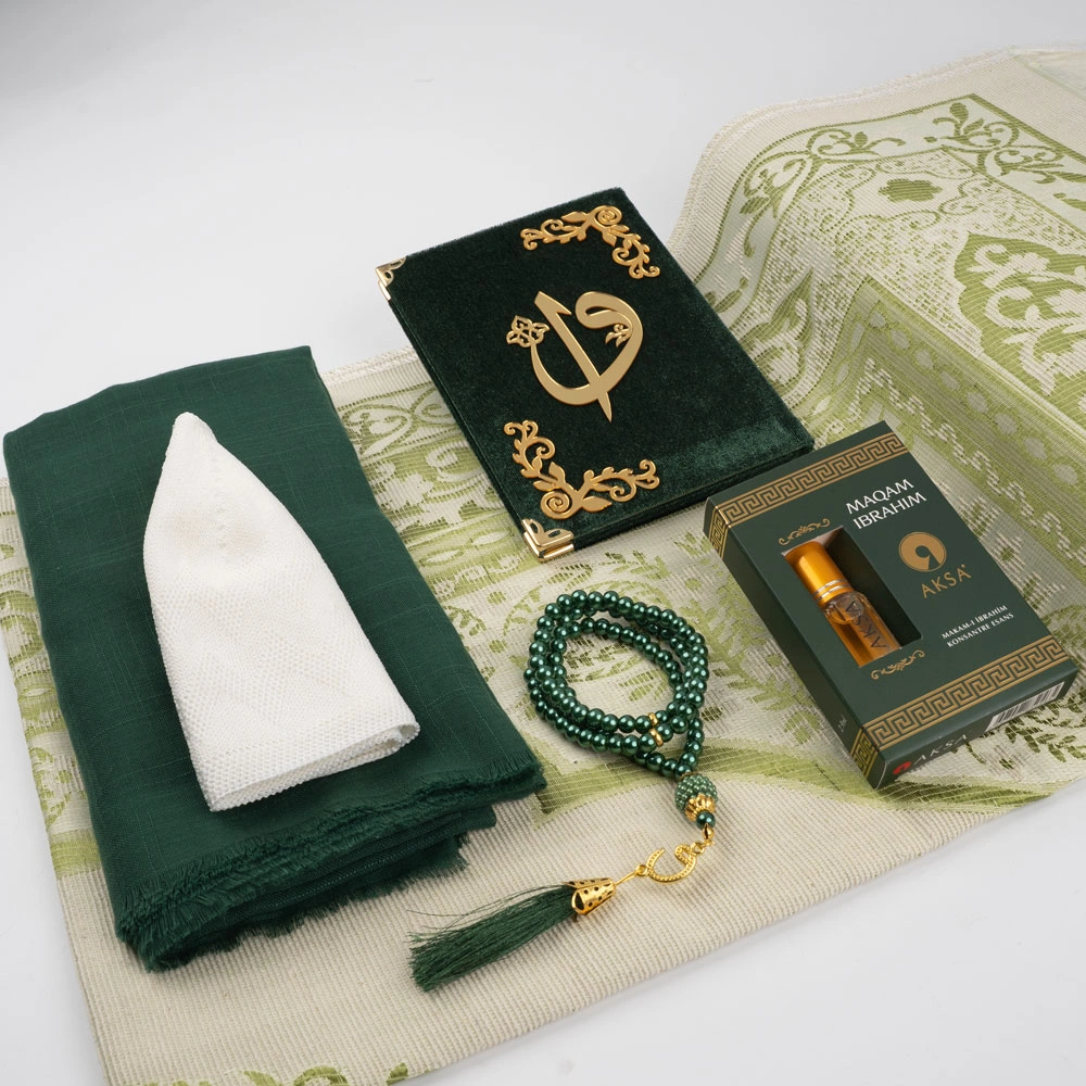 Eşarp + Takke + Seccade + Tesbih + Zikirmatik + Esans + Raşel Yasin Hediye Seti (Çanta Boy, Yeşil) - Thumbnail