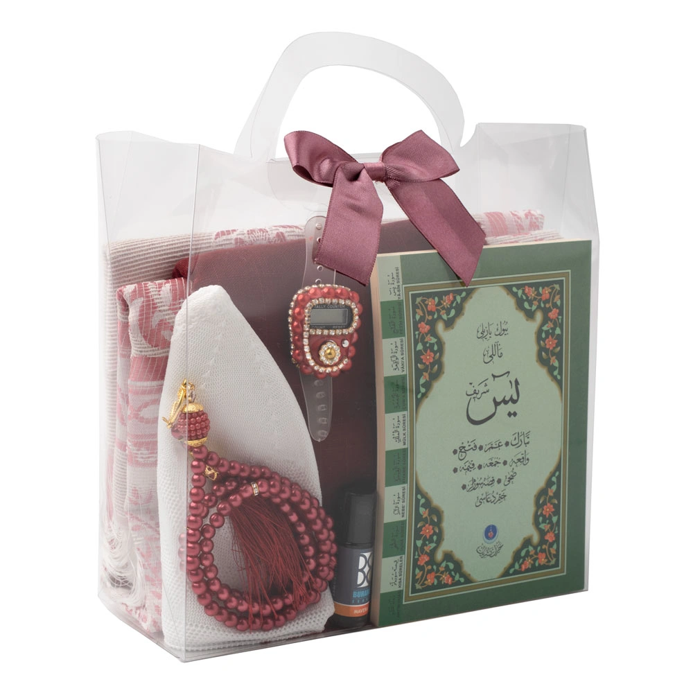 Eşarp + Takke + Seccade + Tesbih + Zikirmatik + Esans + Yasin Hediye Seti (Çanta Boy, Bordo)