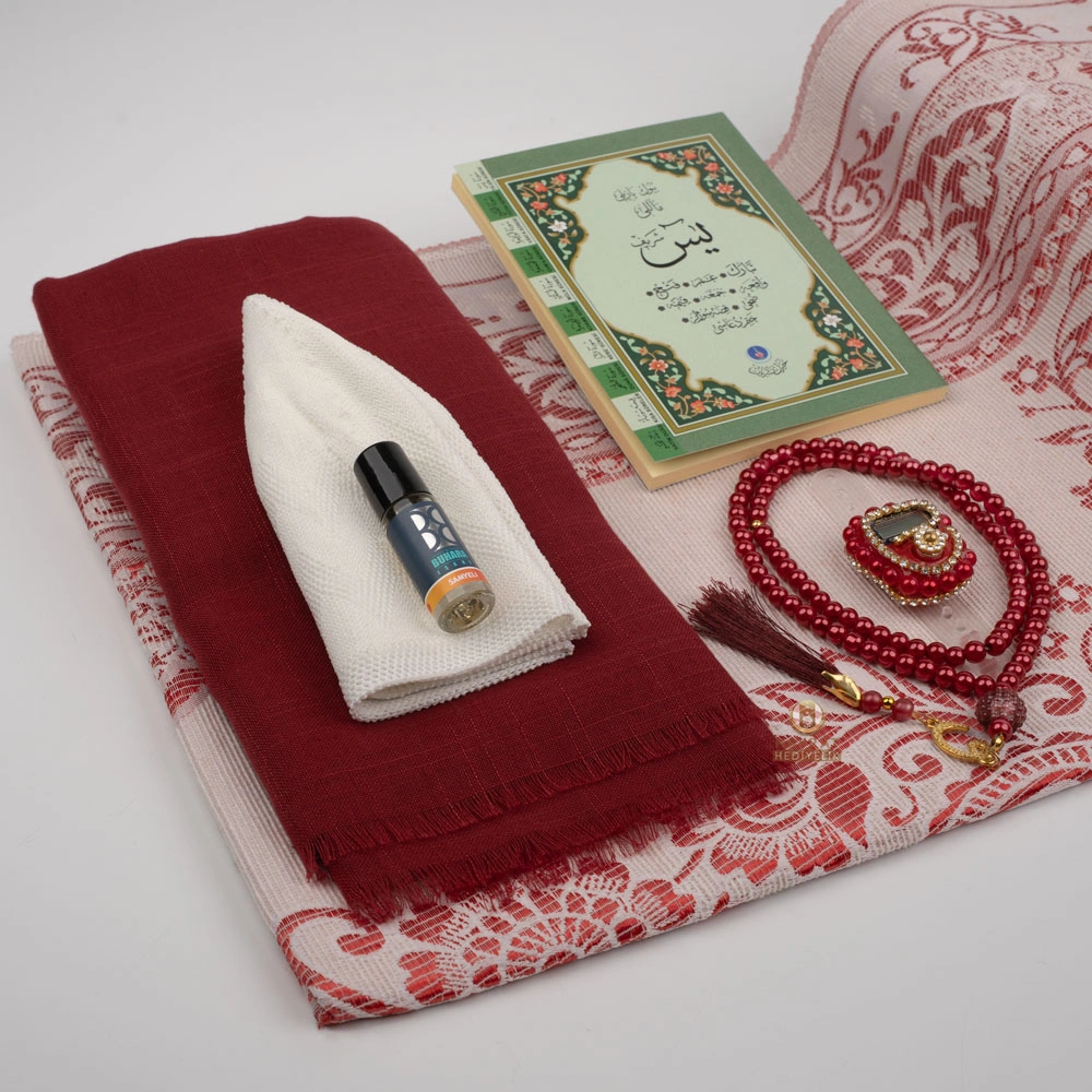 Eşarp + Takke + Seccade + Tesbih + Zikirmatik + Esans + Yasin Hediye Seti (Çanta Boy, Bordo) - Thumbnail
