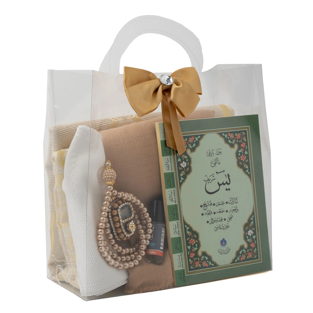 Eşarp + Takke + Seccade + Tesbih + Zikirmatik + Esans + Yasin Hediye Seti (Çanta Boy, Gold)