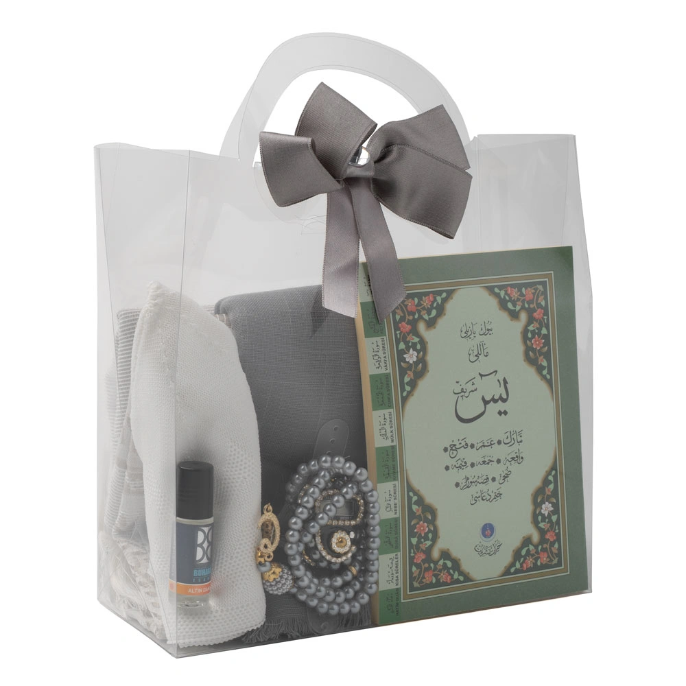 HAYRAT NEŞRİYAT - Eşarp + Takke + Seccade + Tesbih + Zikirmatik + Esans + Yasin Hediye Seti (Çanta Boy, Gri)