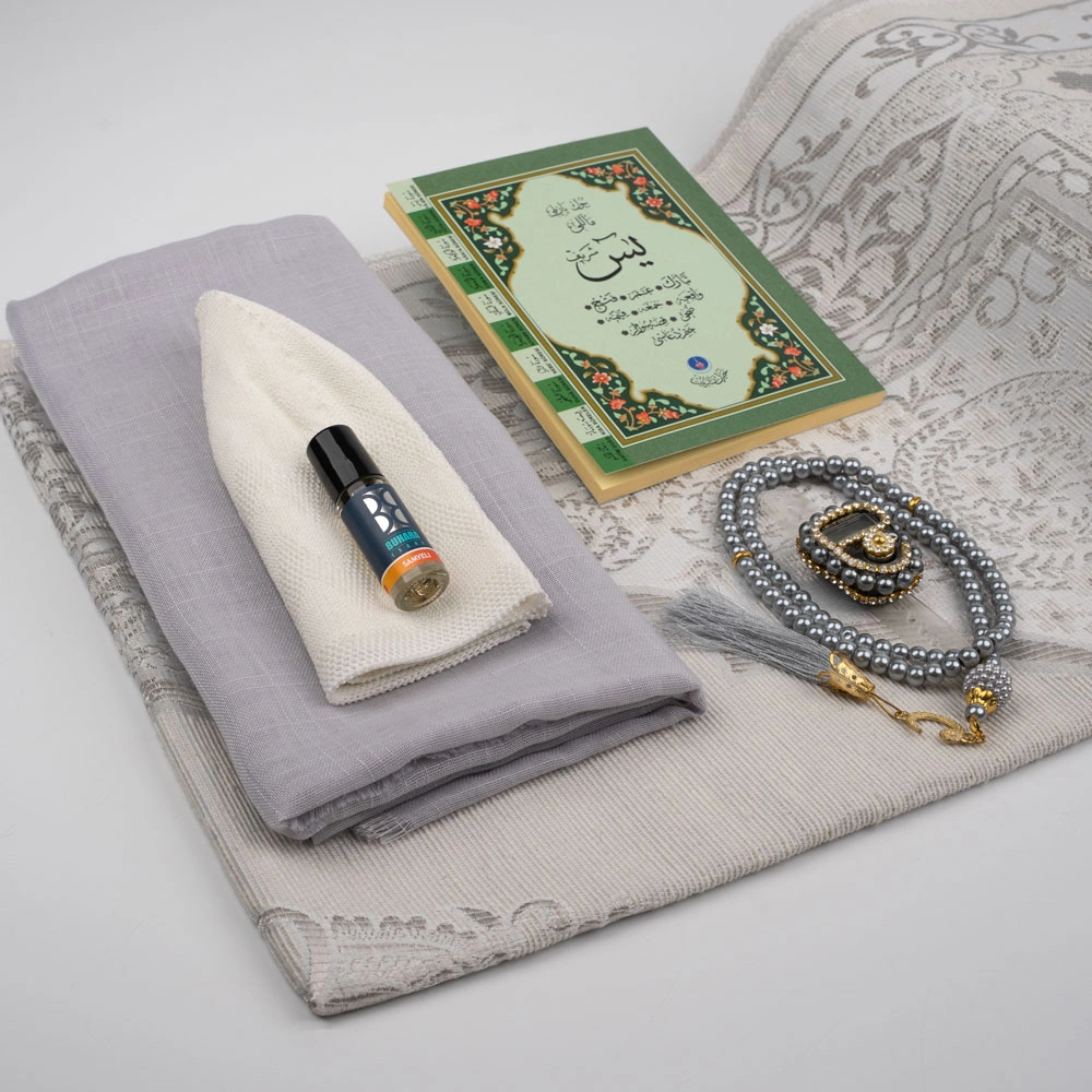 Eşarp + Takke + Seccade + Tesbih + Zikirmatik + Esans + Yasin Hediye Seti (Çanta Boy, Gri) - Thumbnail