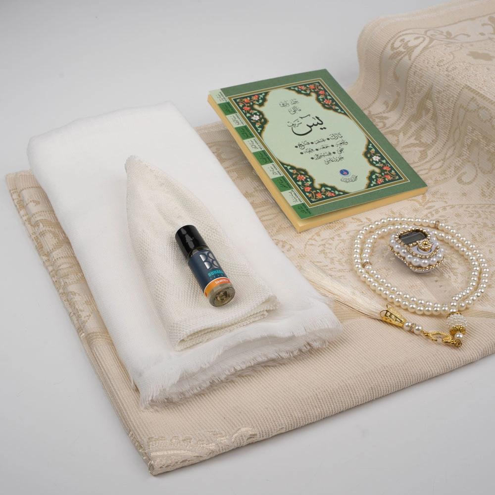 Eşarp + Takke + Seccade + Tesbih + Zikirmatik + Esans + Yasin Hediye Seti (Çanta Boy, Krem)