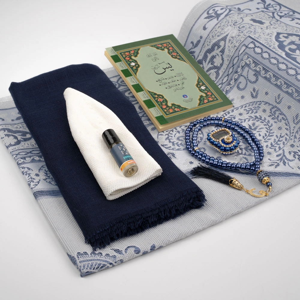 Eşarp + Takke + Seccade + Tesbih + Zikirmatik + Esans + Yasin Hediye Seti (Çanta Boy, Lacivert) - Thumbnail