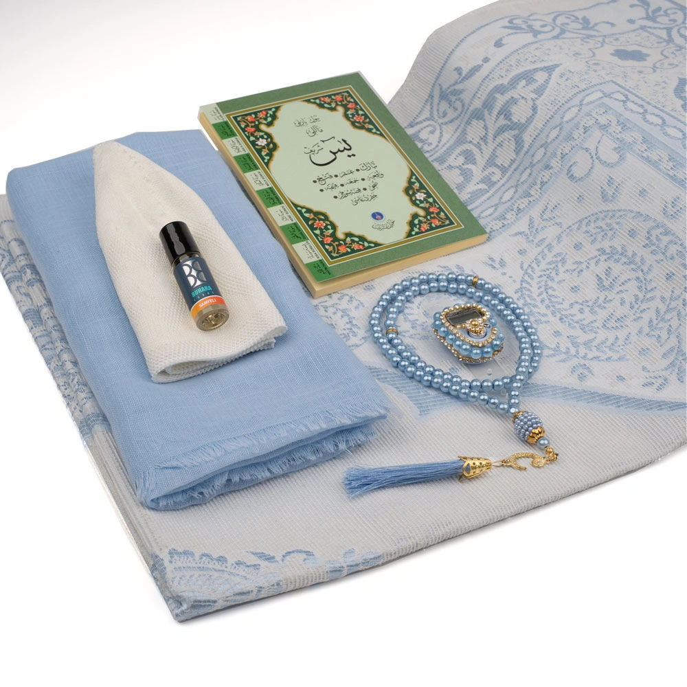 Eşarp + Takke + Seccade + Tesbih + Zikirmatik + Esans + Yasin Hediye Seti (Çanta Boy, Mavi) - Thumbnail