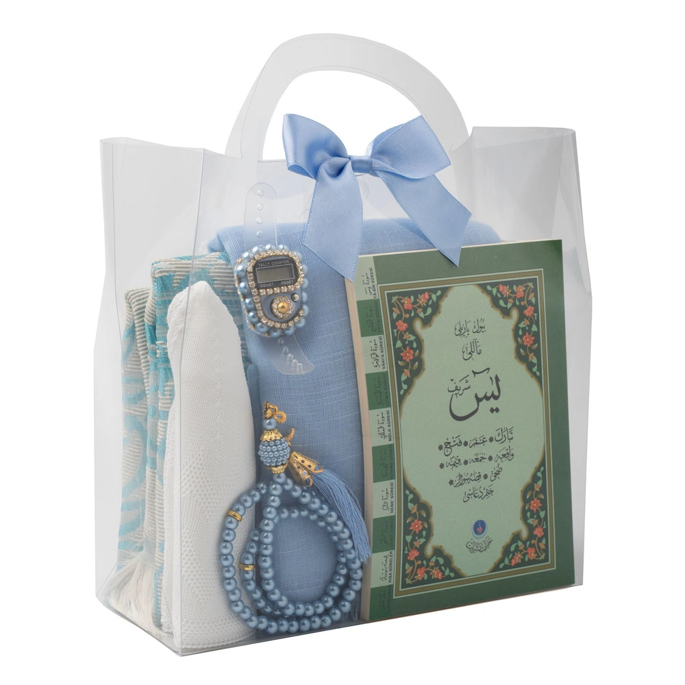 Eşarp + Takke + Seccade + Tesbih + Zikirmatik + Esans + Yasin Hediye Seti (Çanta Boy, Mavi)