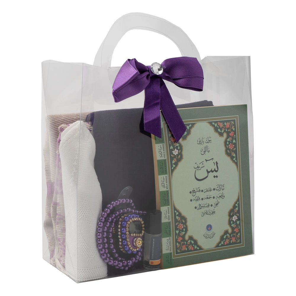 HAYRAT NEŞRİYAT - Eşarp + Takke + Seccade + Tesbih + Zikirmatik + Esans + Yasin Hediye Seti (Çanta Boy, Mor)