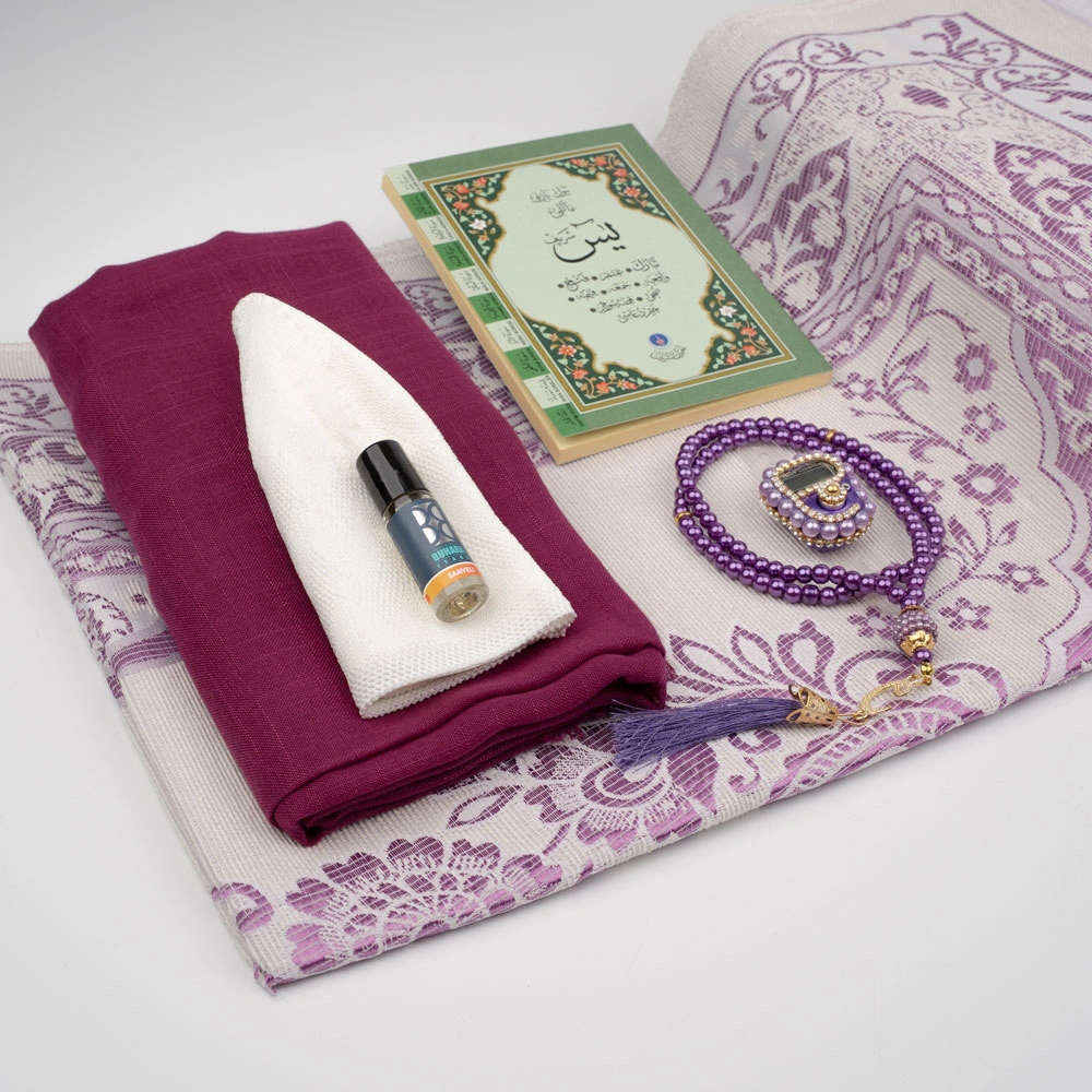 Eşarp + Takke + Seccade + Tesbih + Zikirmatik + Esans + Yasin Hediye Seti (Çanta Boy, Mor) - Thumbnail