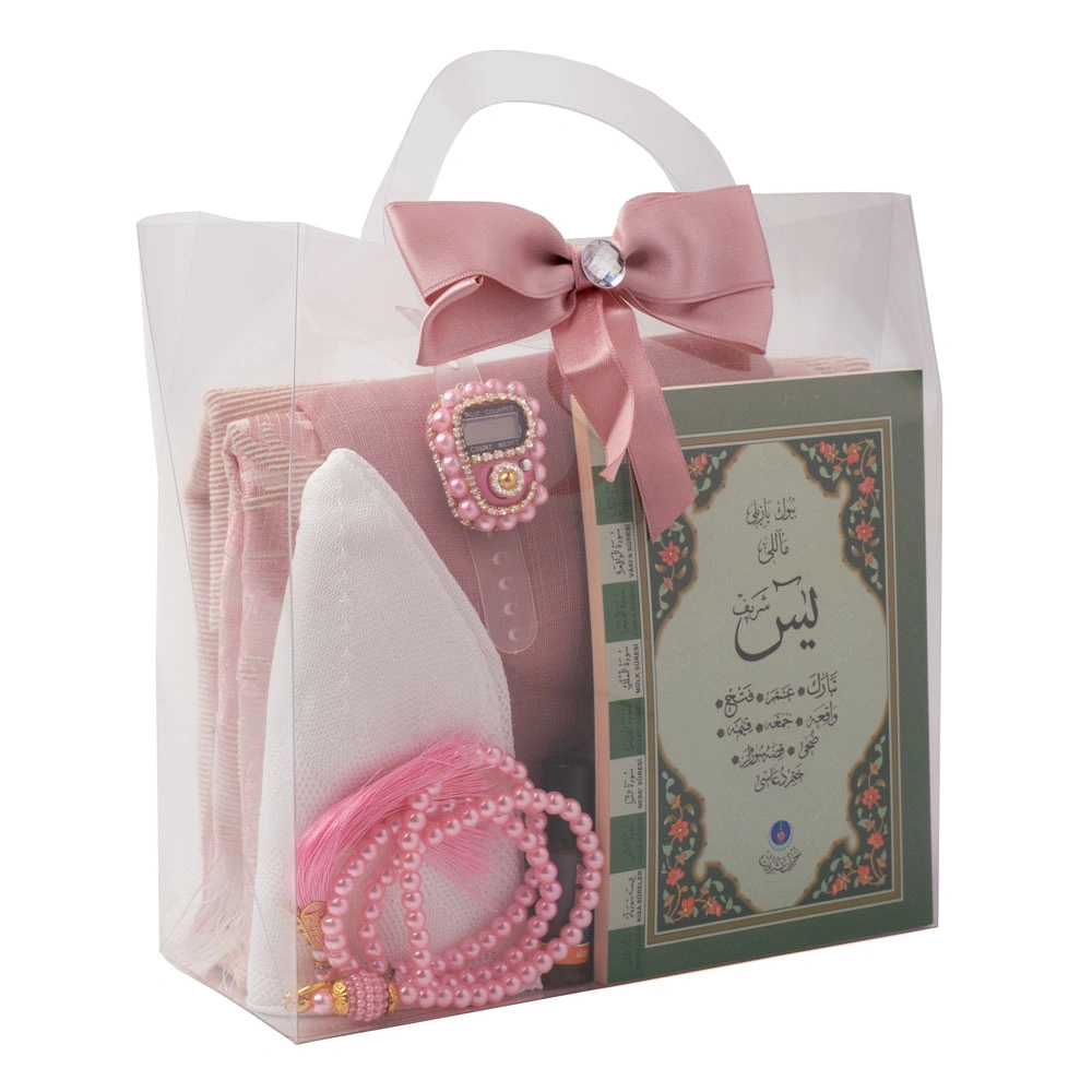 Eşarp + Takke + Seccade + Tesbih + Zikirmatik + Esans + Yasin Hediye Seti (Çanta Boy, Pembe)