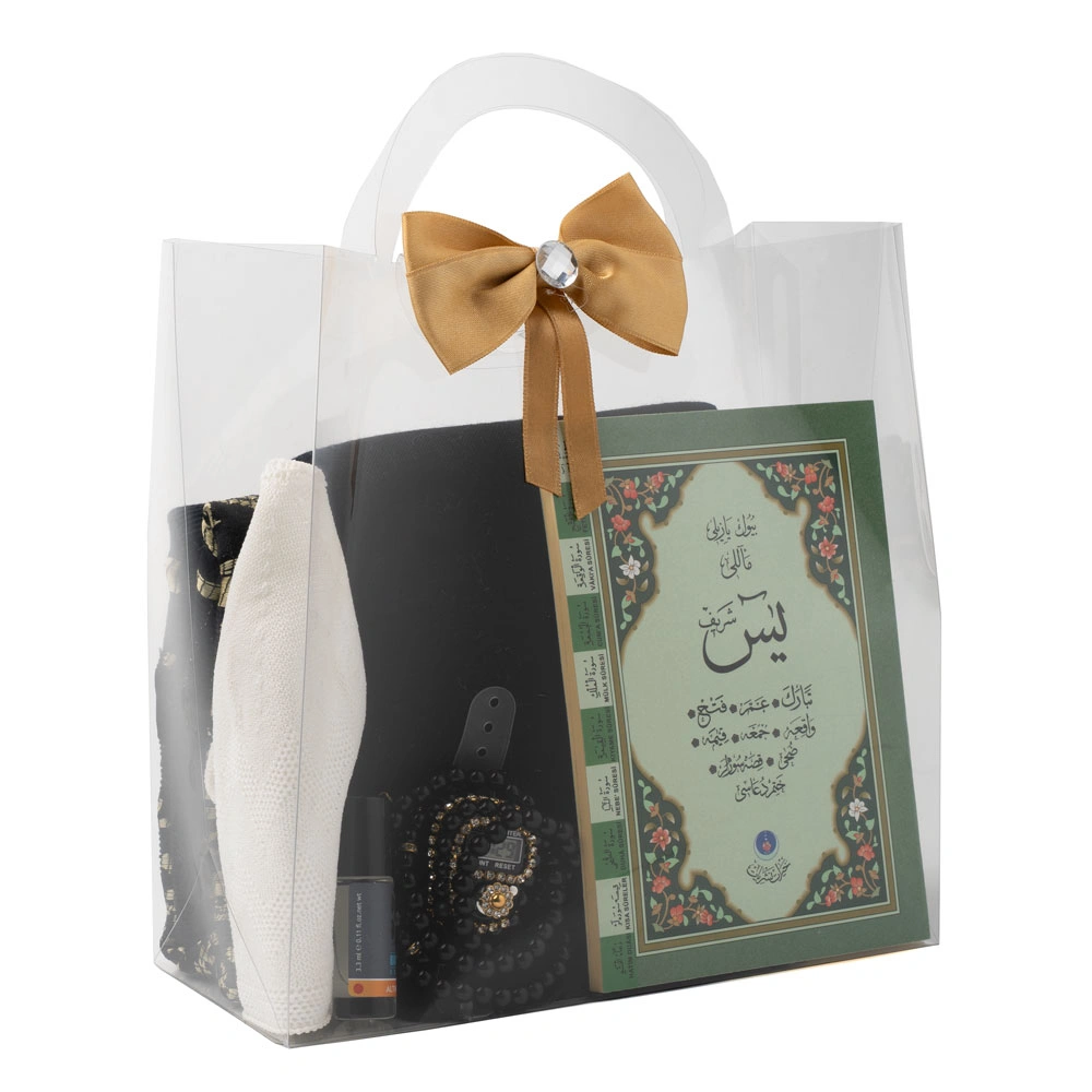 HAYRAT NEŞRİYAT - Eşarp + Takke + Seccade + Tesbih + Zikirmatik + Esans + Yasin Hediye Seti (Çanta Boy, Siyah)