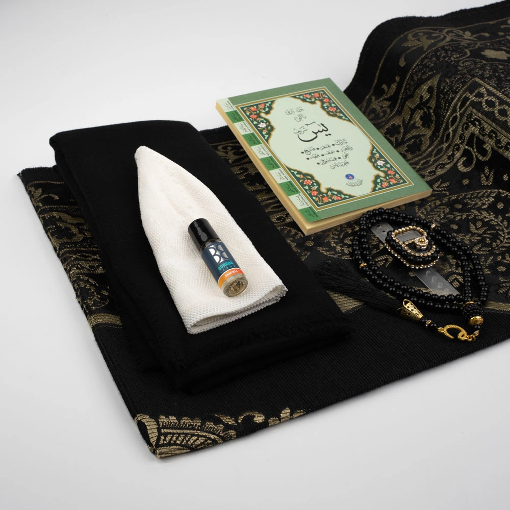 Eşarp + Takke + Seccade + Tesbih + Zikirmatik + Esans + Yasin Hediye Seti (Çanta Boy, Siyah)