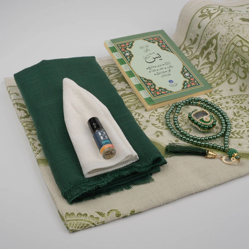 Eşarp + Takke + Seccade + Tesbih + Zikirmatik + Esans + Yasin Hediye Seti (Çanta Boy, Yeşil)