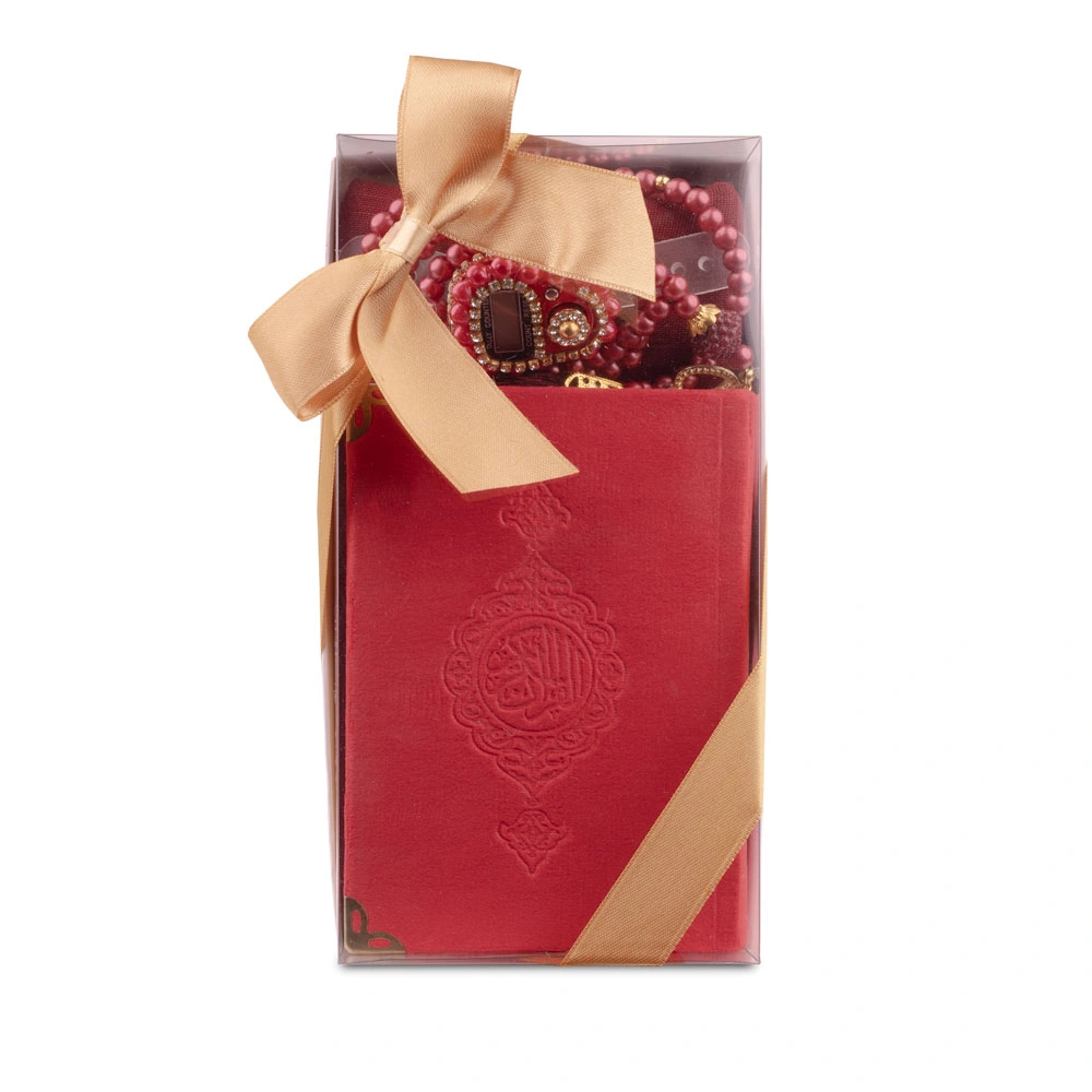 Eşarp + Tesbih + Zikirmatik + Kuran Hediye Seti (Soğuk Baskı, Kırmızı)