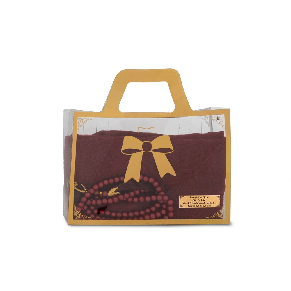 HAYRAT NEŞRİYAT - Flamlı Eşarp (96x96 cm) + Tesbih Hediye Seti (Bordo)
