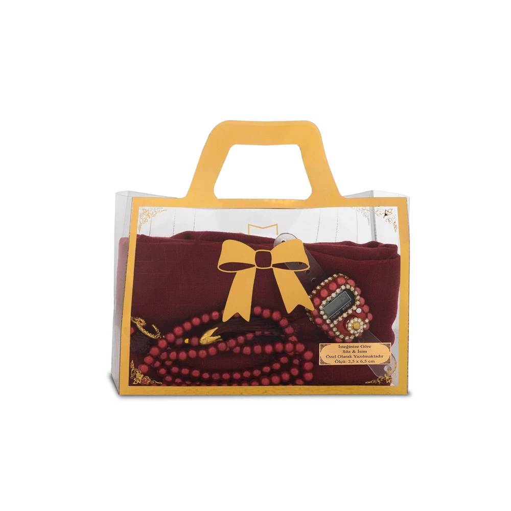 Flamlı Eşarp (96x96 cm) + Tesbih + Zikirmatik Hediye Seti (Bordo)