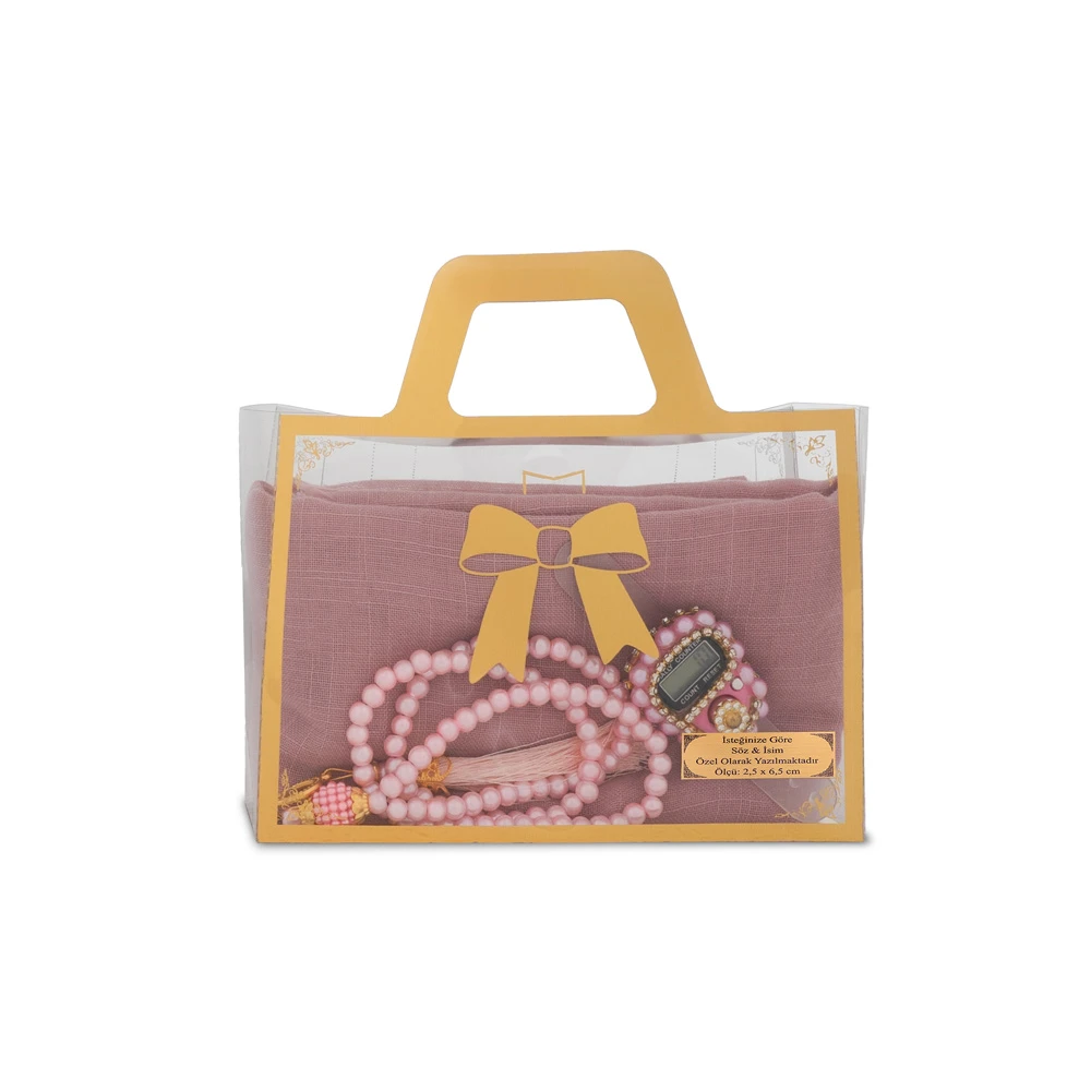Flamlı Eşarp (96x96 cm) + Tesbih + Zikirmatik Hediye Seti (Pembe)