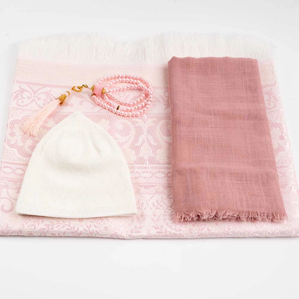 Flamlı Eşarp, Takke, Seccade, Tesbih Hediye Seti (Pembe)