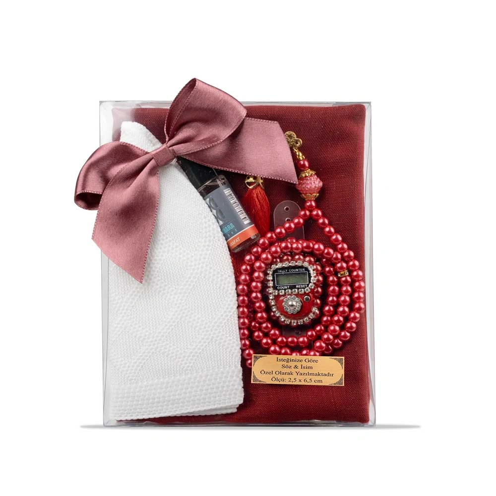 HAYRAT NEŞRİYAT - Flamlı Eşarp + Takke + Tesbih + Esans + Zikirmatik Hediye Seti (Bordo) (1)