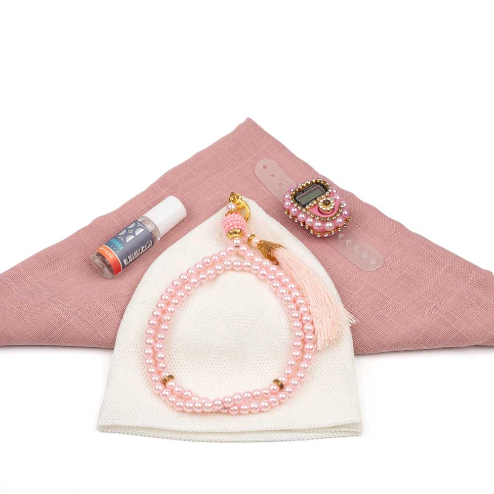 Flamlı Eşarp + Takke + Tesbih + Esans + Zikirmatik Hediye Seti (Pembe)