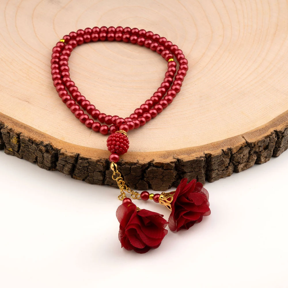 Gül Püsküllü Tesbih Bebe Bordo (99lu - 6mm)