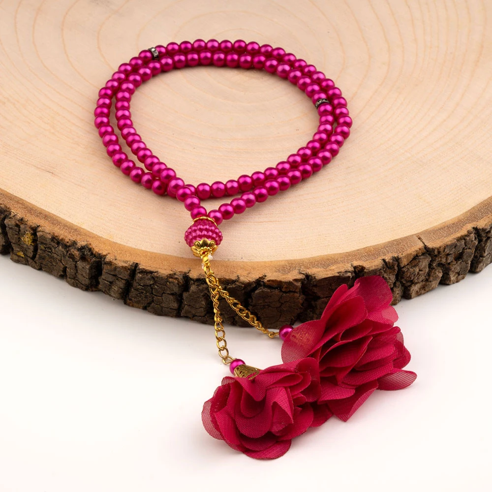 Gül Püsküllü Tesbih Fuşya Pembe (99lu - 6mm)