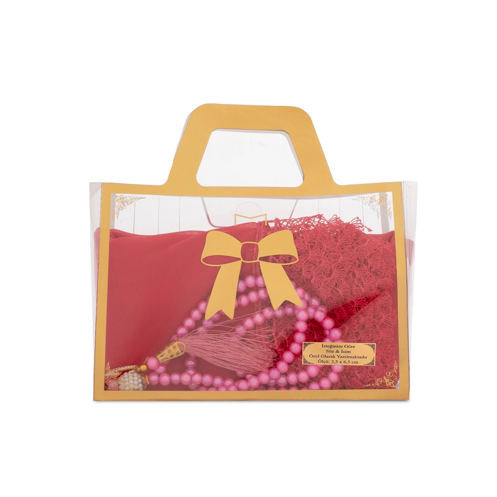 HAYRAT NEŞRİYAT - İğne Oyalı Şal (144x68 cm) + Tesbih Hediye Seti (Asetat Çantalı, Fuşya)