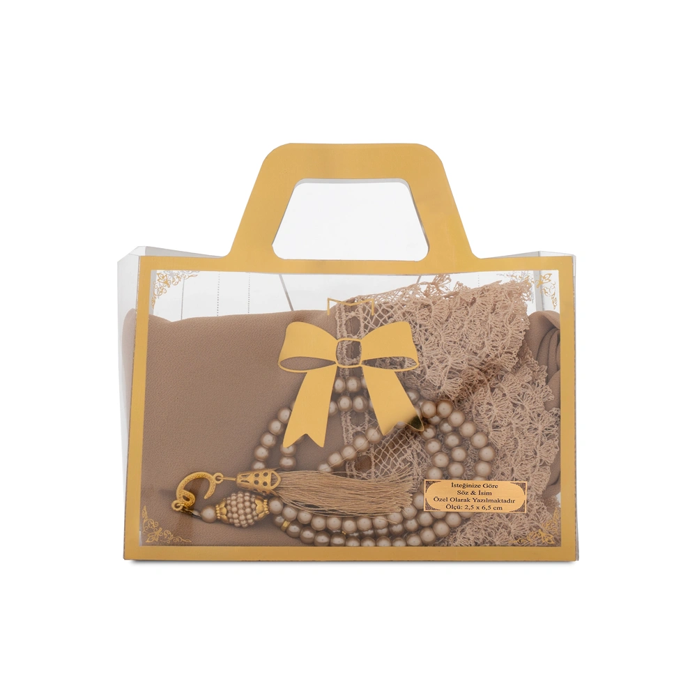 HAYRAT NEŞRİYAT - İğne Oyalı Şal (144x68 cm) + Tesbih Hediye Seti (Asetat Çantalı, Gold)