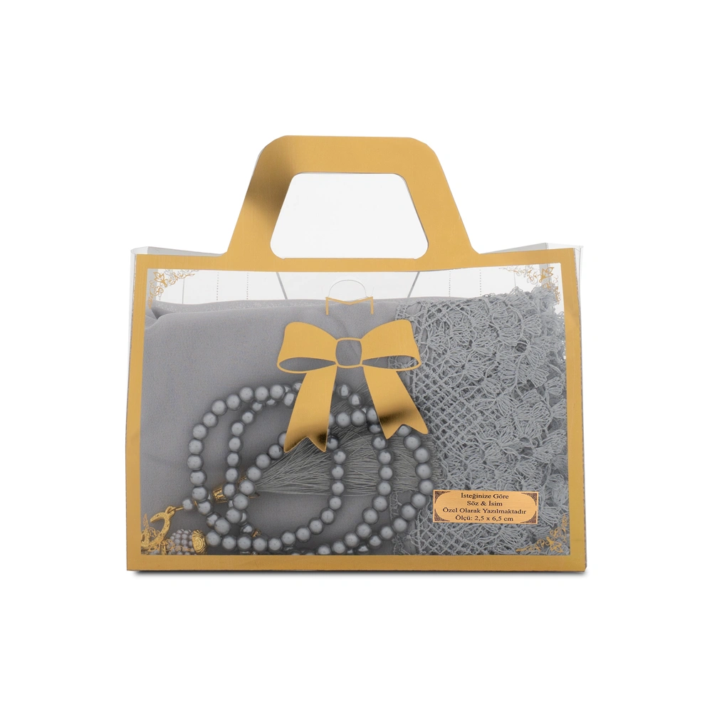 HAYRAT NEŞRİYAT - İğne Oyalı Şal (144x68 cm) + Tesbih Hediye Seti (Asetat Çantalı, Gri)