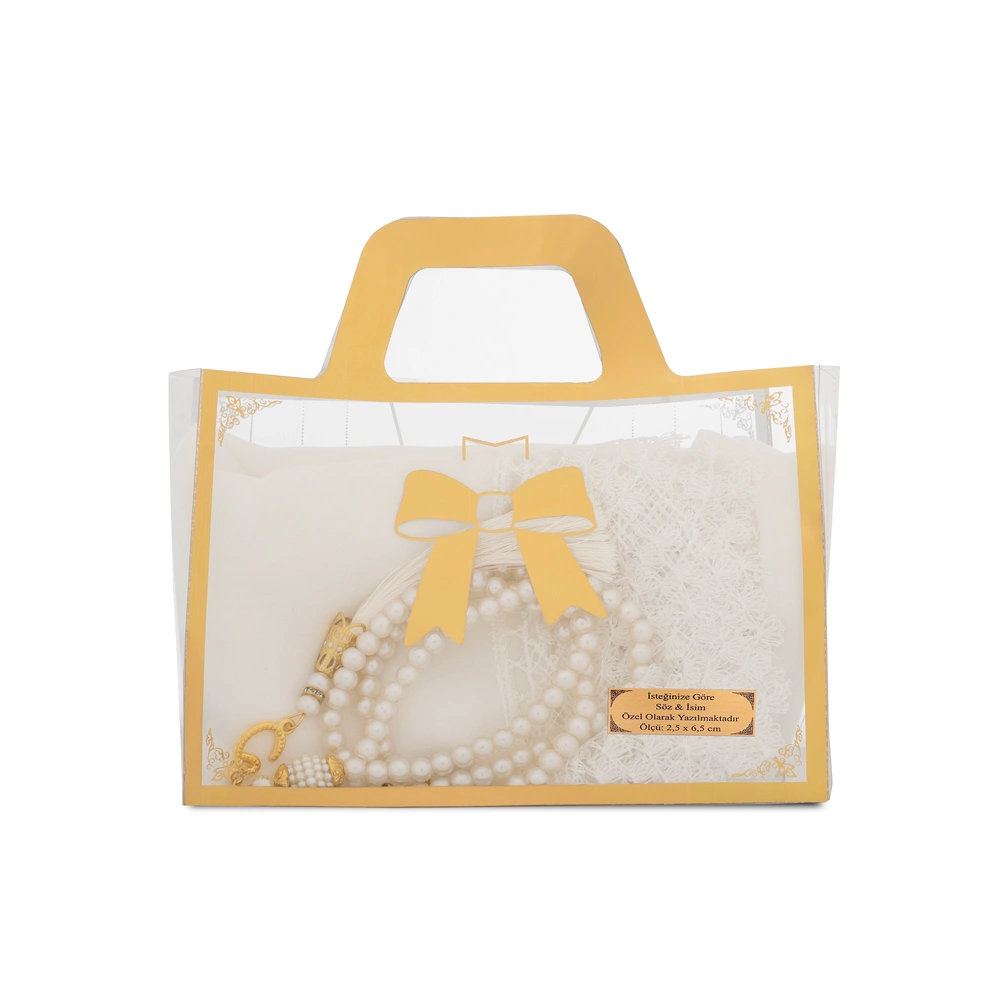 HAYRAT NEŞRİYAT - İğne Oyalı Şal (144x68 cm) + Tesbih Hediye Seti (Asetat Çantalı, Krem)