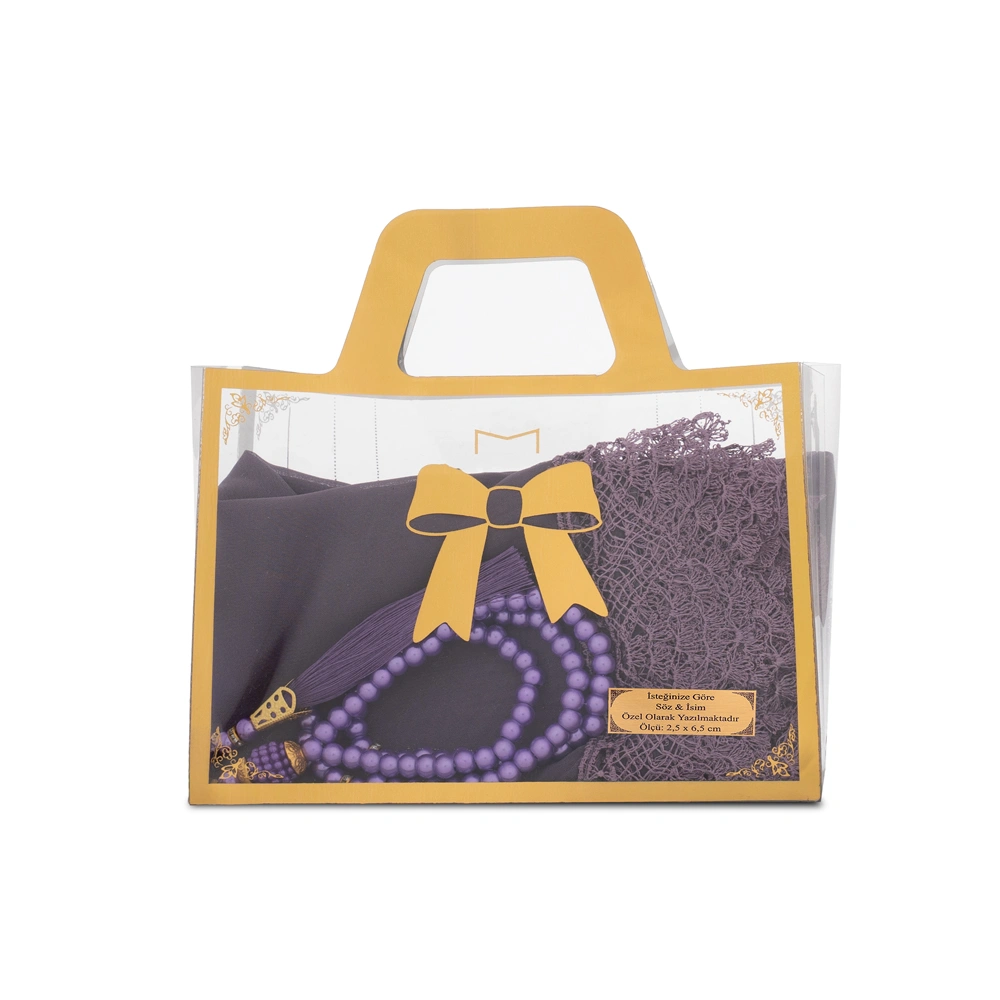 HAYRAT NEŞRİYAT - İğne Oyalı Şal (144x68 cm) + Tesbih Hediye Seti (Asetat Çantalı, Lila)