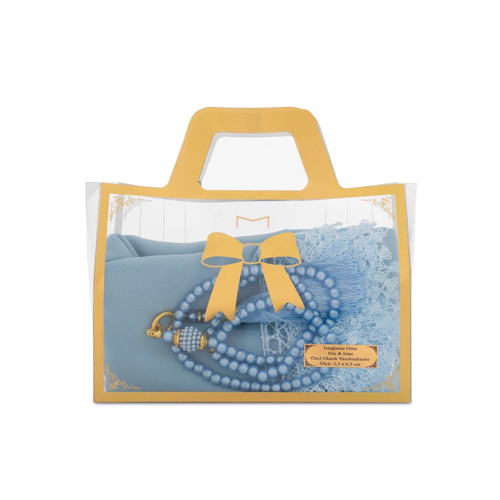 HAYRAT NEŞRİYAT - İğne Oyalı Şal (144x68 cm) + Tesbih Hediye Seti (Asetat Çantalı, Mavi)