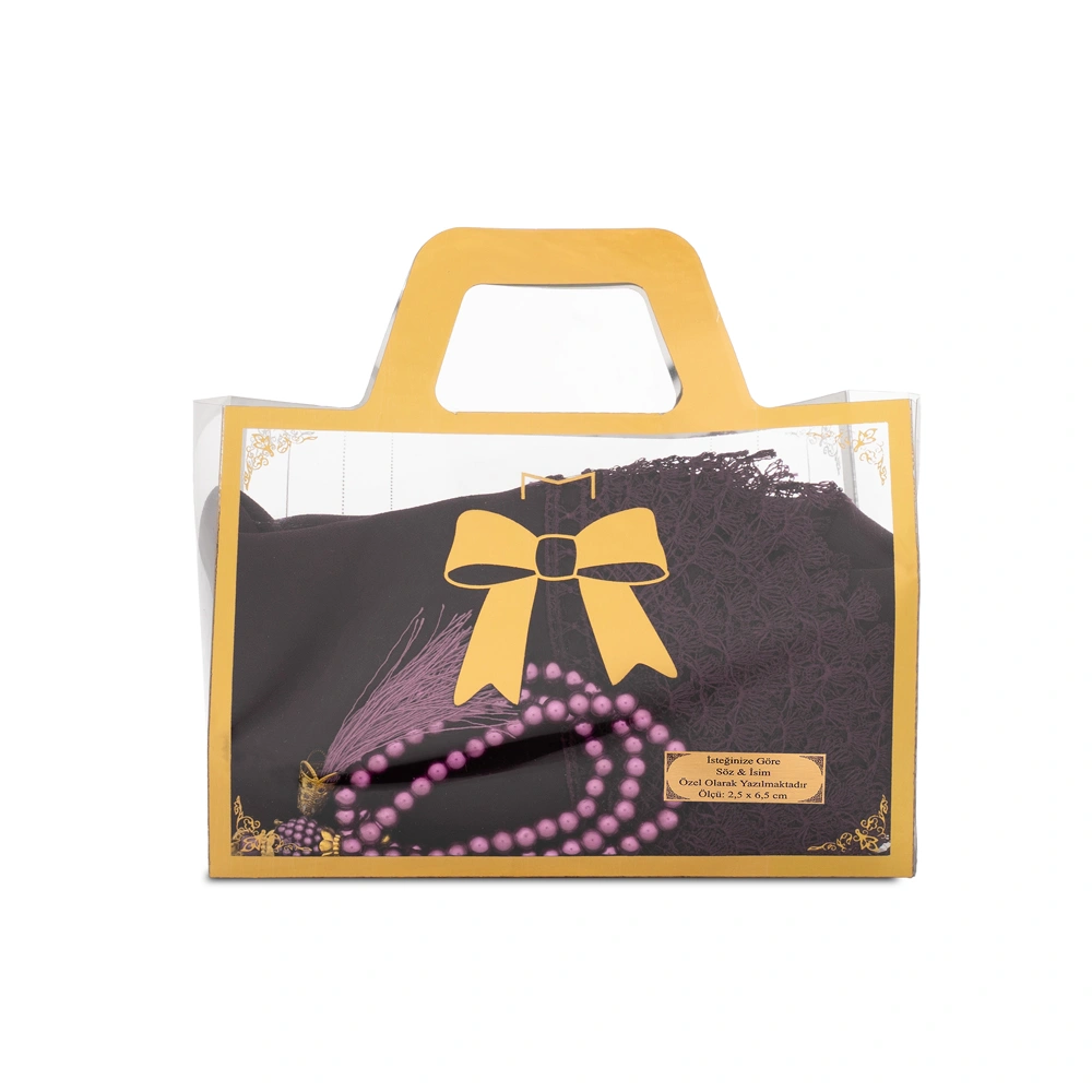 HAYRAT NEŞRİYAT - İğne Oyalı Şal (144x68 cm) + Tesbih Hediye Seti (Asetat Çantalı, Mor)