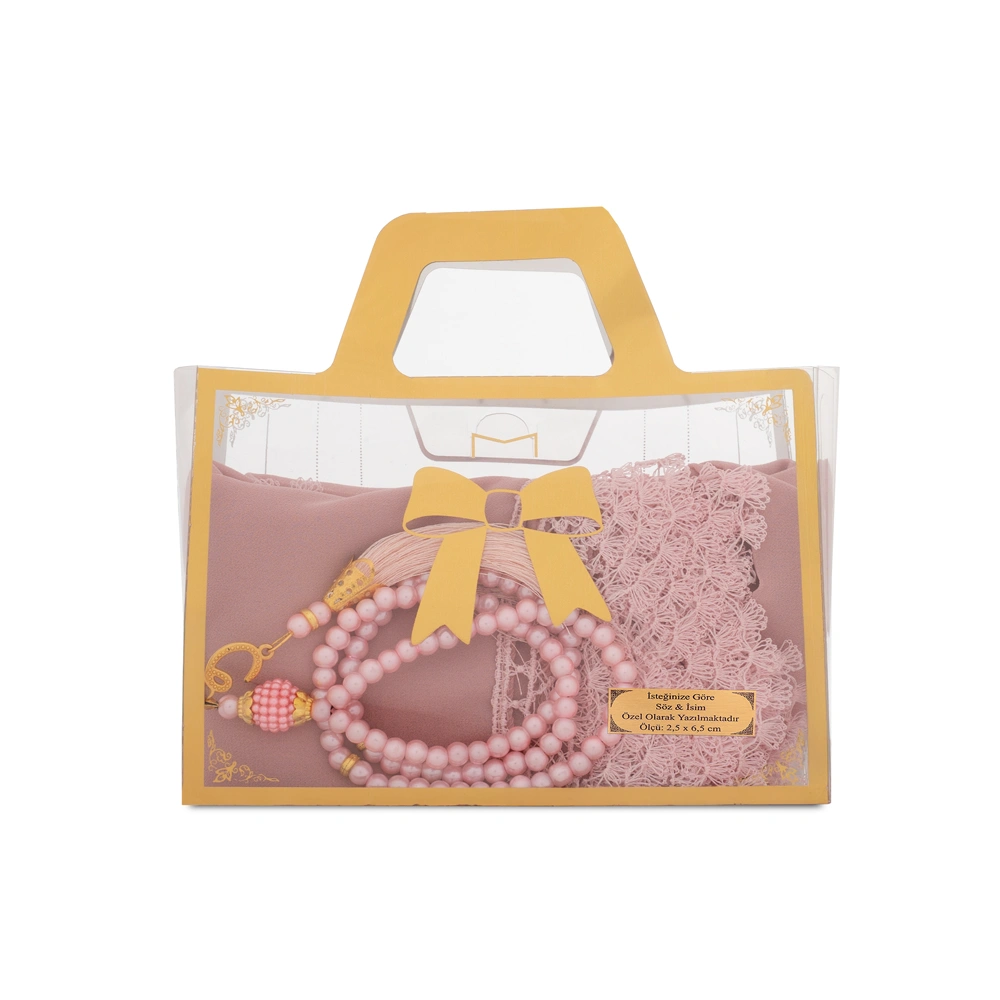 HAYRAT NEŞRİYAT - İğne Oyalı Şal (144x68 cm) + Tesbih Hediye Seti (Asetat Çantalı, Pembe)