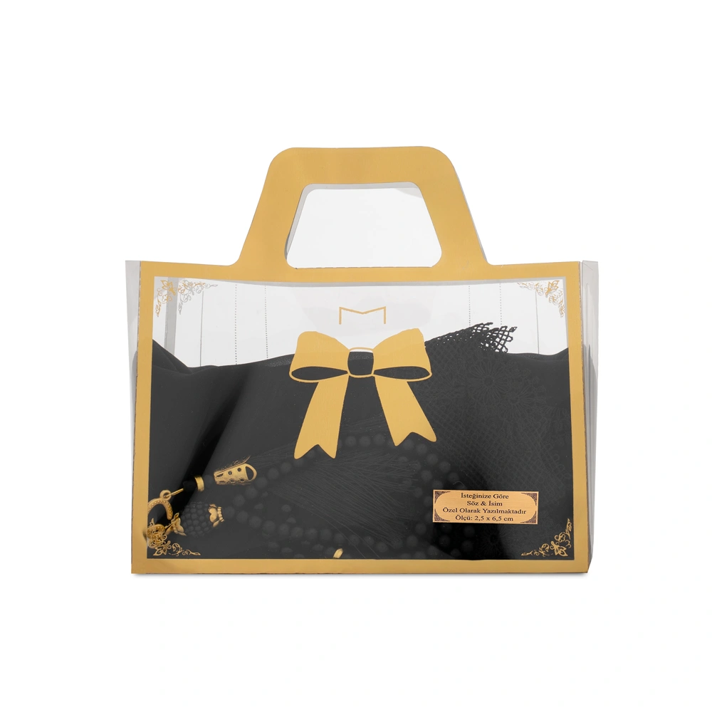 HAYRAT NEŞRİYAT - İğne Oyalı Şal (144x68 cm) + Tesbih Hediye Seti (Asetat Çantalı, Siyah)