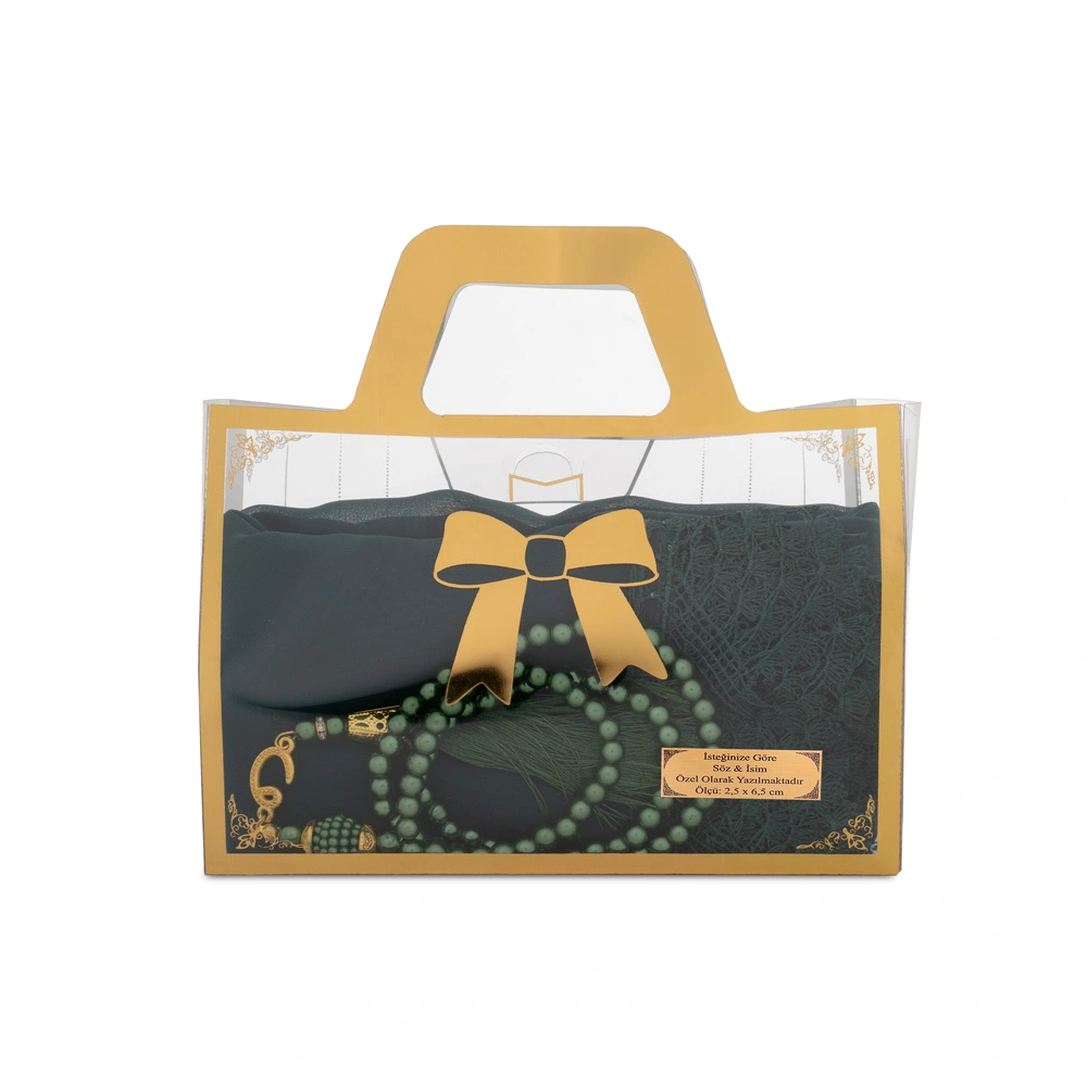HAYRAT NEŞRİYAT - İğne Oyalı Şal (144x68 cm) + Tesbih Hediye Seti (Asetat Çantalı, Yeşil)