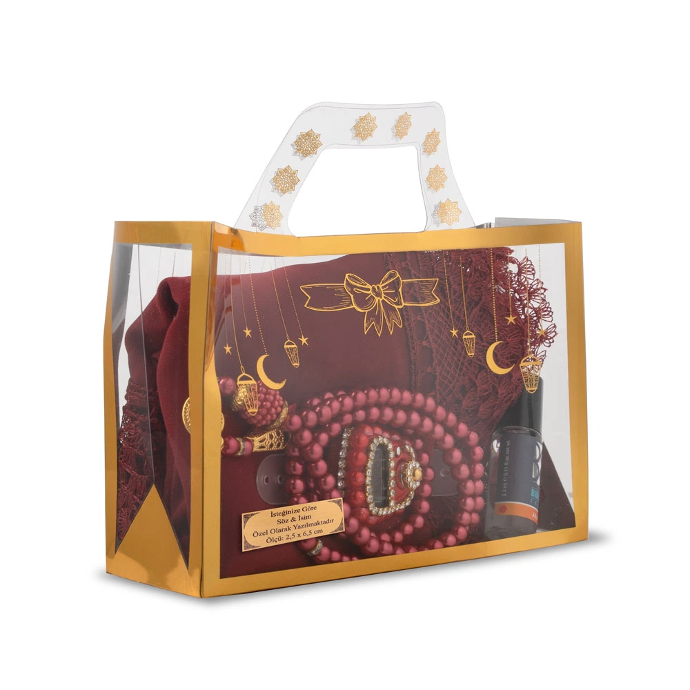 İğne Oyalı Şal + Tesbih + Zikirmatik + Esans Hediye Seti (Bordo)