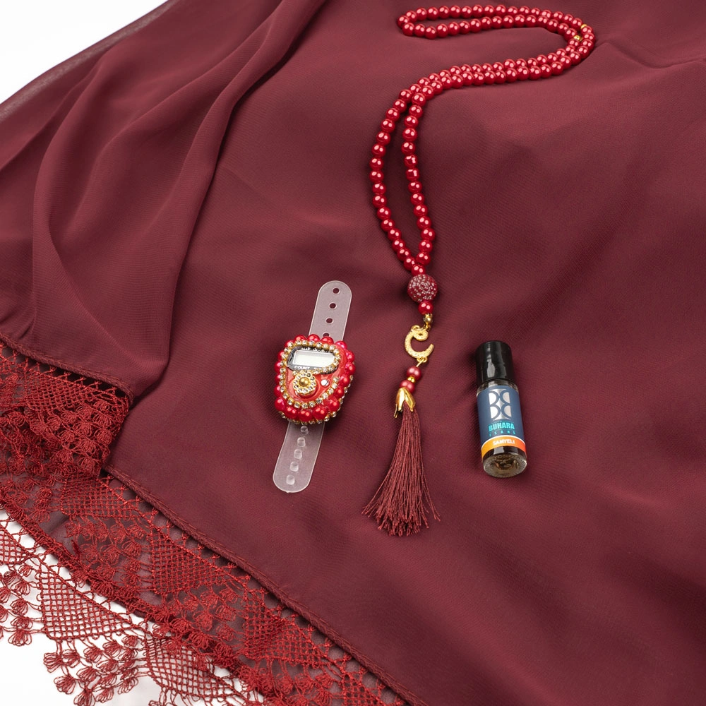 İğne Oyalı Şal + Tesbih + Zikirmatik + Esans Hediye Seti (Bordo) - Thumbnail