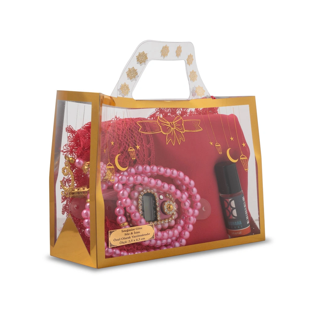 İğne Oyalı Şal + Tesbih + Zikirmatik + Esans Hediye Seti (Fuşya Pembe)