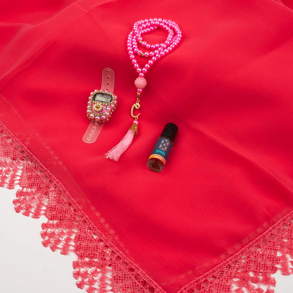 İğne Oyalı Şal + Tesbih + Zikirmatik + Esans Hediye Seti (Fuşya Pembe)