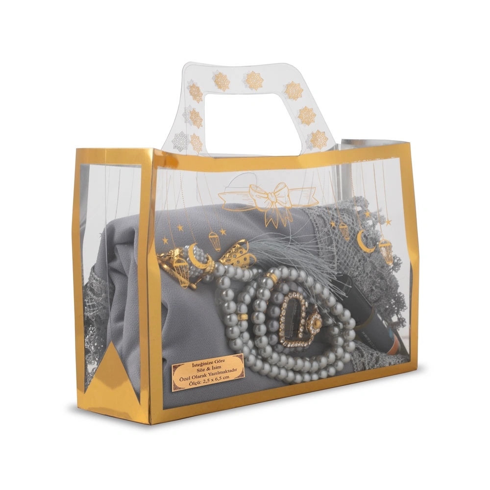 HAYRAT NEŞRİYAT - İğne Oyalı Şal + Tesbih + Zikirmatik + Esans Hediye Seti (Gri)