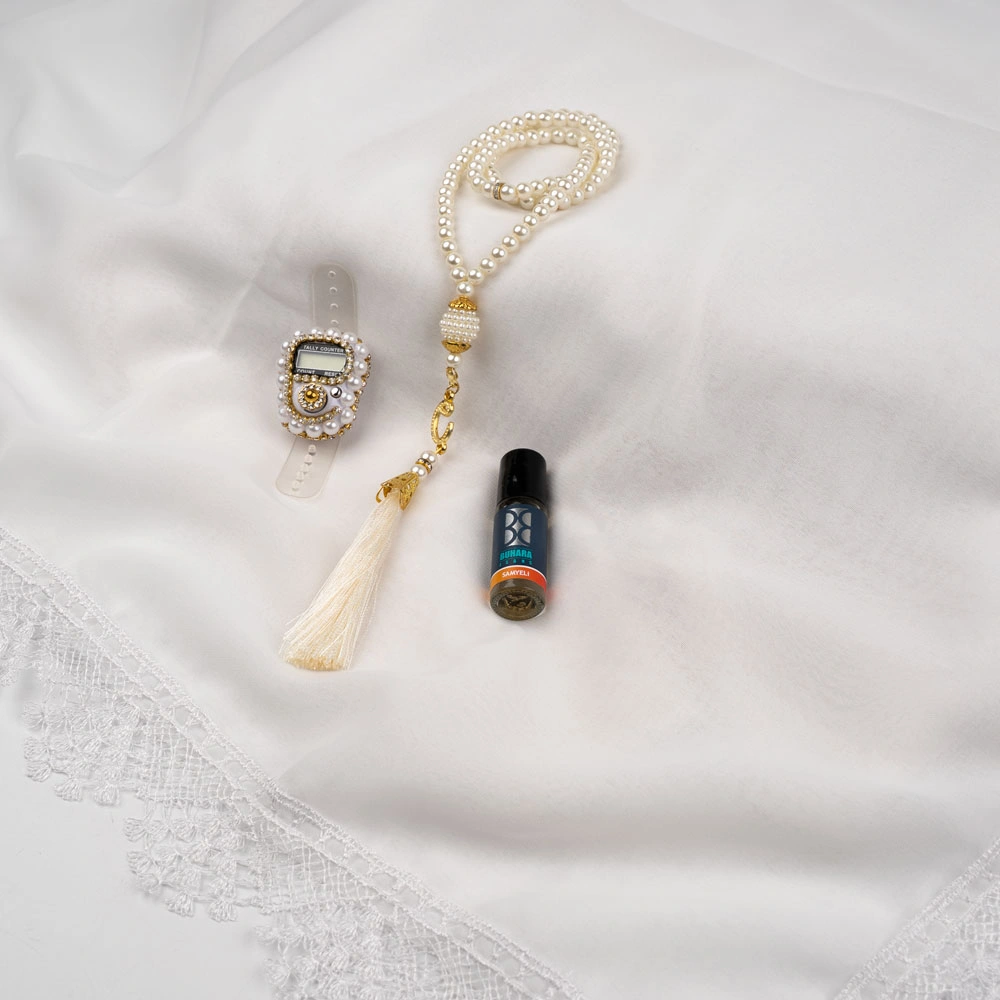 İğne Oyalı Şal + Tesbih + Zikirmatik + Esans Hediye Seti (Krem)