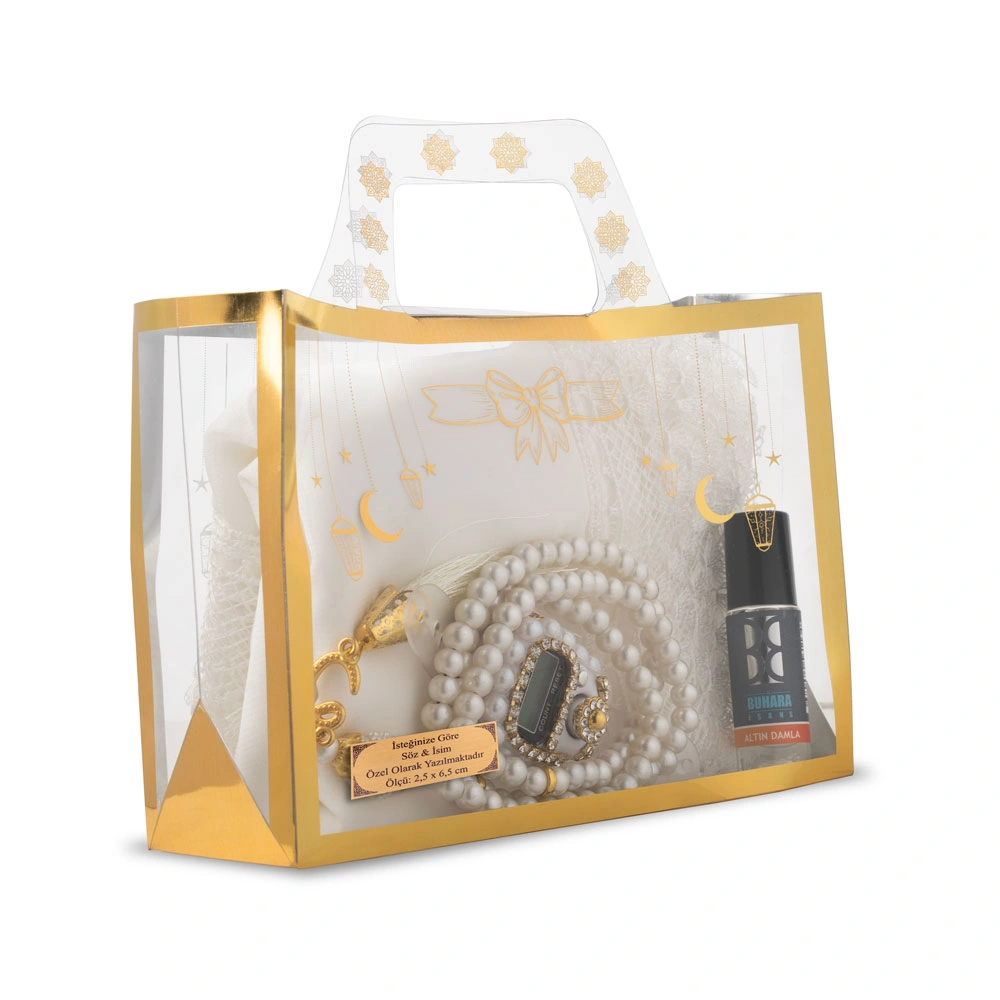 İğne Oyalı Şal + Tesbih + Zikirmatik + Esans Hediye Seti (Krem)