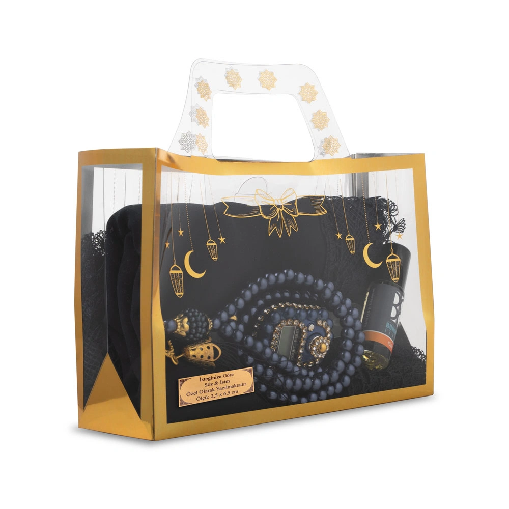 İğne Oyalı Şal + Tesbih + Zikirmatik + Esans Hediye Seti (Lacivert)