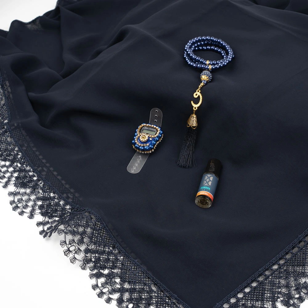 İğne Oyalı Şal + Tesbih + Zikirmatik + Esans Hediye Seti (Lacivert) - Thumbnail