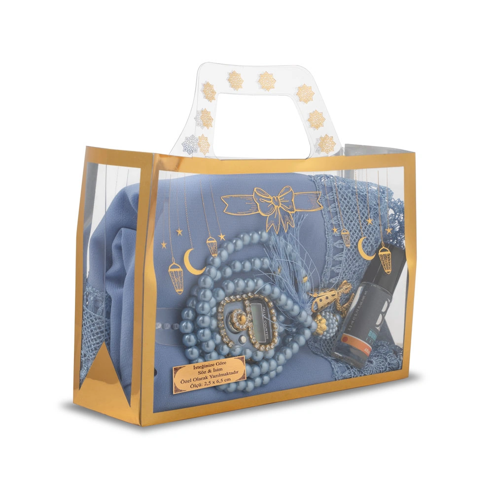 İğne Oyalı Şal + Tesbih + Zikirmatik + Esans Hediye Seti (Mavi)