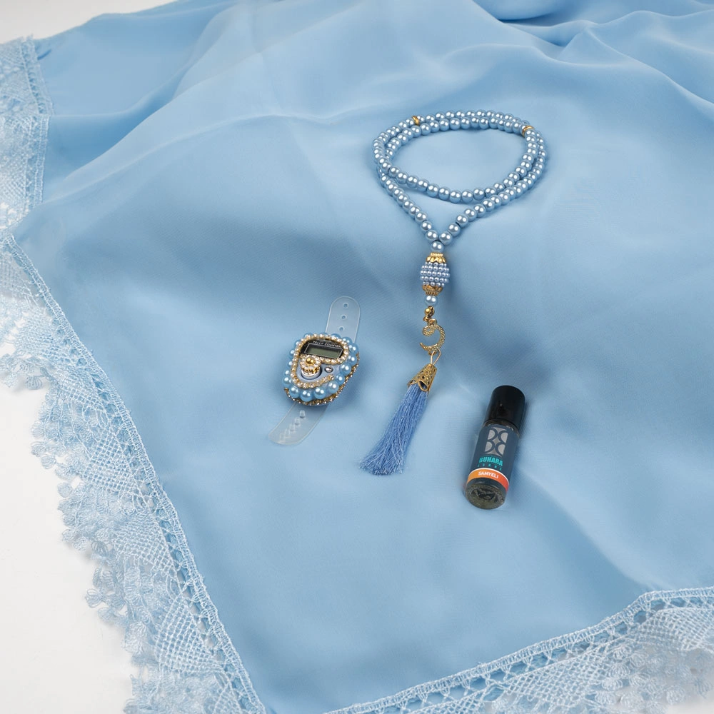İğne Oyalı Şal + Tesbih + Zikirmatik + Esans Hediye Seti (Mavi)