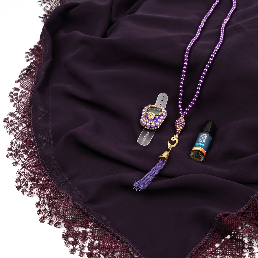 İğne Oyalı Şal + Tesbih + Zikirmatik + Esans Hediye Seti (Mor) - Thumbnail
